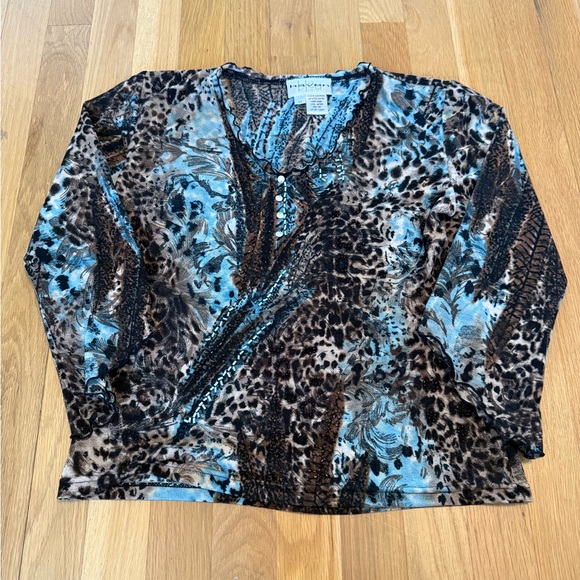 Vintage Y2K Haven Bleu Leopard Print Mesh Top Beaded V-Neck Bell lettuce Sleeve - Picture 6 of 10